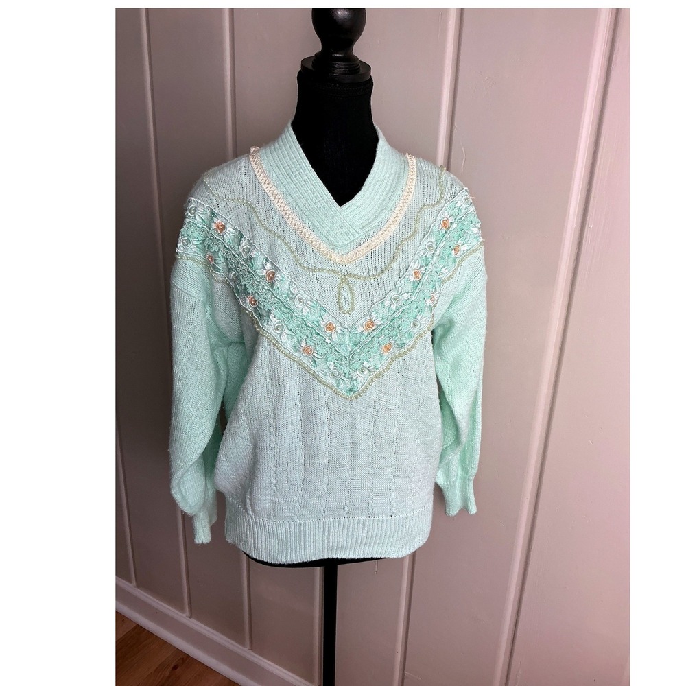 Vintage 80s Jaclyn Smith Kmart Mint Green Lace Pearl Sweater Mens M 9074
